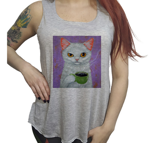 Musculosa Dama Animal Gato Michi Taza De Cafe Mirada Ojo