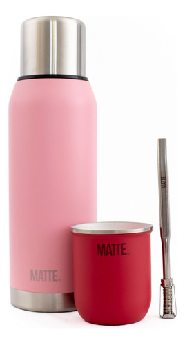 Set Termo Matte Pink 1l + Mate Steel + Bombilla 