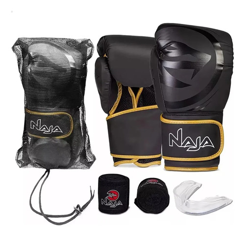 Kit Boxe Naja Dourado 12oz Luva Protetor Bucal Bandagem Muay Thai
