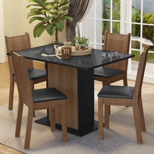 Sala De Jantar Mesa Tampo De Vidro 4 Cadeiras Camélia Madesa Cor Rustic/preto/sintético Preto