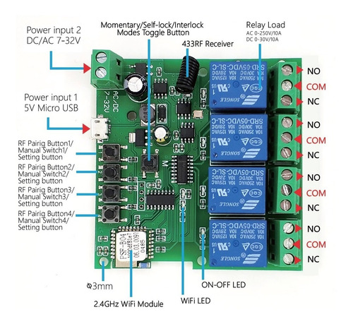 Imagen 3 de 10 de Smart Rele Wifi+rf Ewelink 4 Canales Na/nc 5vdc/7-32v Ac/dc