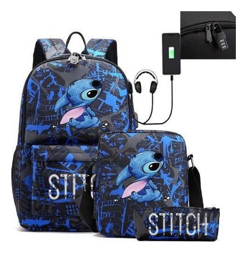 Conjunto de 3 peças de mochila USB casual Stitch Color Little Monster