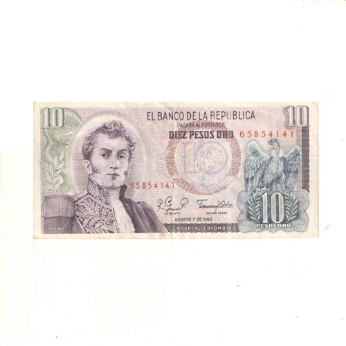 Billete De 10 Pesos Oro De Colombia Con Envio Gratuito