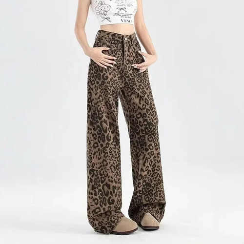 Jeans Anchos De Cintura Alta Con Estampado De Leopardo Para