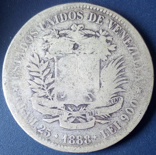 Moneda Fuerte De Plata De 5 Bolívares Del Año 1888