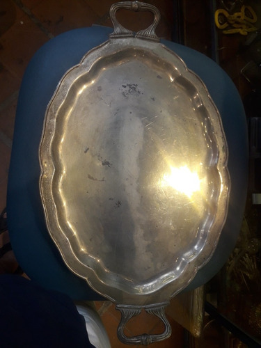Antigua Bandeja Oval Metal Plateada 55 Cm X 32 Cm 