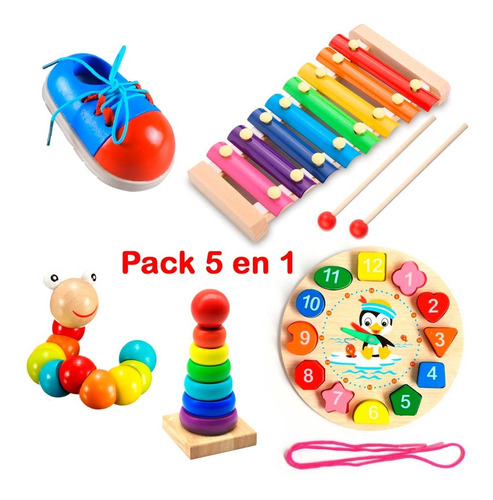Pack 5 Juguetes Didácticos De Madera Para Niños Montessori B
