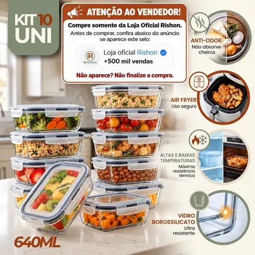 Kit Rishon com 10 potes de vidro e tampas azul-escuras