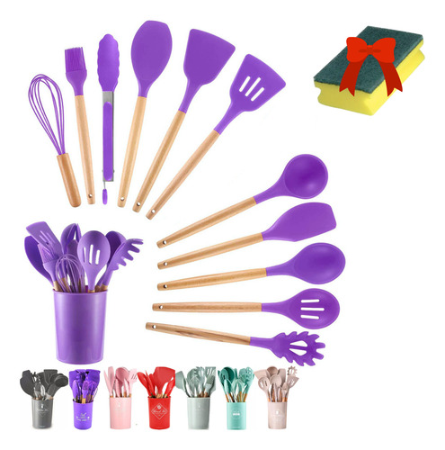 Utensilios Silicona Madera Set Cocina Juego Colores Beige