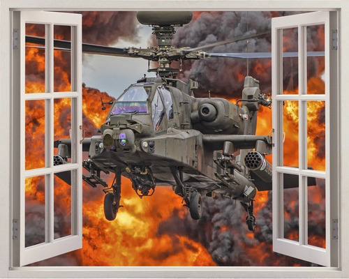 Adesivo Janela Helicóptero De Guerra Explosão Fogo Parede 
