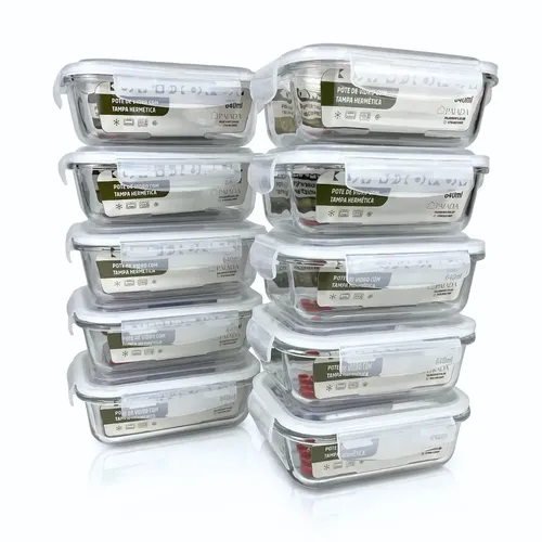 Kit 10 Potes Vidro Hermético 640ml Marmita Forno Micro-ondas Refratário Fitness 4 Travas  Freezer Organizador Alimentos... Branco