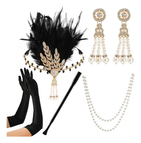 Mezchi 5 Pack 1920s Gatsby Flapper Accessories Set, Diadema 