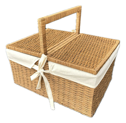 Canasta Picnic Rectangular De Mimbre Natural Con Forro Gde
