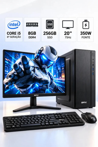 Computador Completo 20'' BRX Intel Core i5 6ª Geração 8GB SSD 256GB Monitor LED 75Hz Windows Teclado Mouse Kit Completo Desktop Office Home Office Estudo Trabalho