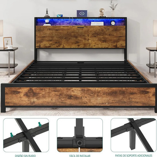 Base Cama Matrimonial Con Cajones Led Y Usb Full Base Marrón