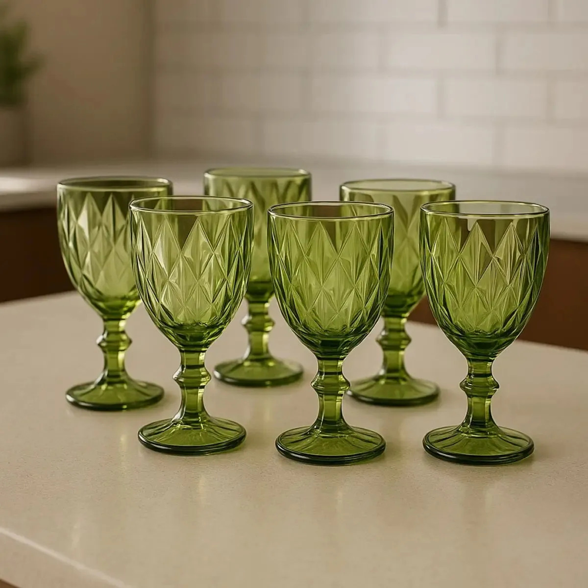 Conjunto de Taças Diamond Verde de Vidro 300ml Para Água e Vinho - Pack com 6 Peças Tattoo Style