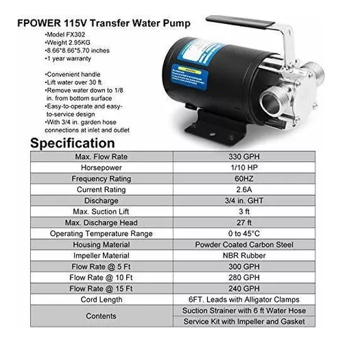 Bomba de agua 12V Bomba de agua 1/10 HP 330 GPH Bomba de transferencia de  agua con puertos de 3/4 pulgadas Manguera de succión/colador e impulsor de