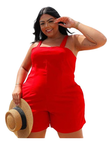 Macaquinho Plus Size Em Viscolinho Vermelho