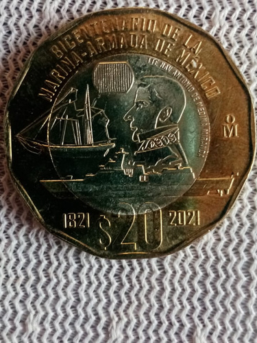 Moneda Conmemorativa $20 Pesos Bicentario Marina  1821-1921