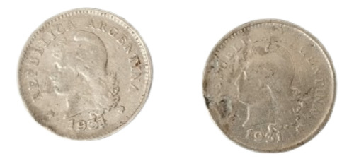 2 Monedas 10 Centavos Níquel 1931 Argentina Lote12 (Usado)