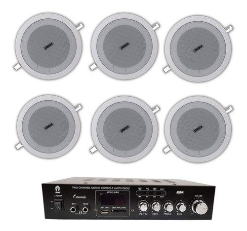 Amplificador Ambiental Y 6 Bocinas Plafon 5 1/4 PuLG Color Blanco
