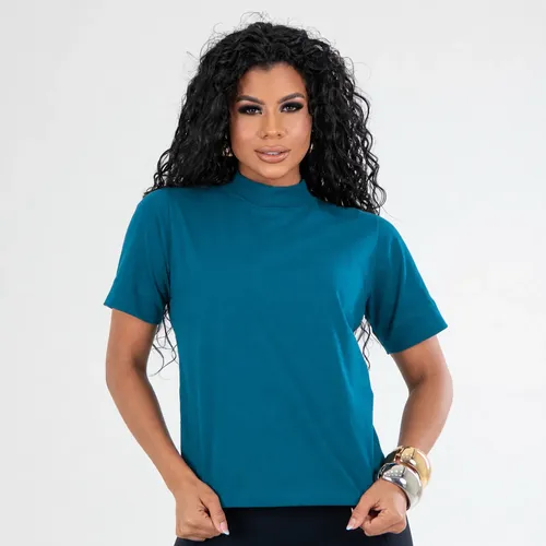 Blusa Feminina Elegante Básica Baby Look Algodão Gola Alta