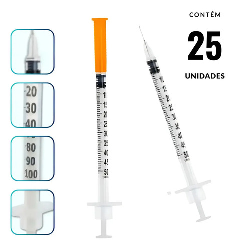 Seringa Insulina 50ui Agulha 6mmx25mm Fixa 0,5ml 25 Unidades 0.5 Ml