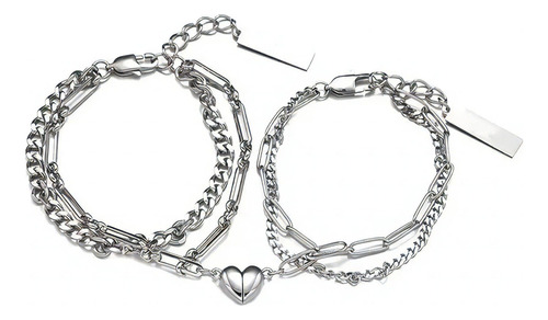 Pulsera Parejas Doble Con Imán Corazón San Valentín Color Plateado