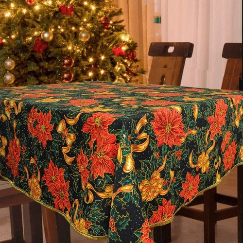 Toalha De Mesa Natal Natalina 6 Lugares Gliter Víes Dourado Cor Rose Merry