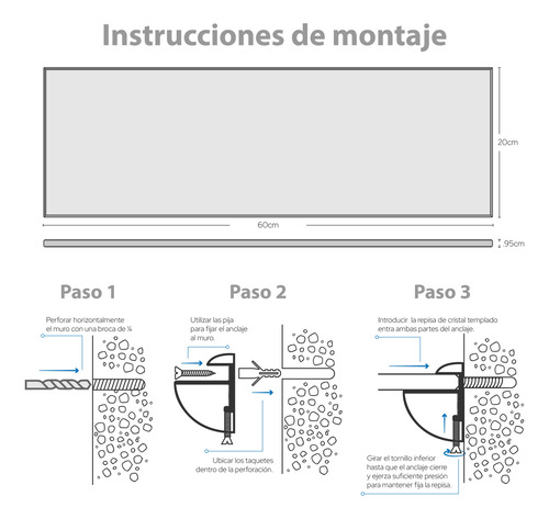 Repisas Cristal Templado 9mm Para Baño / Set De 2: 60x20cm Esmerilado