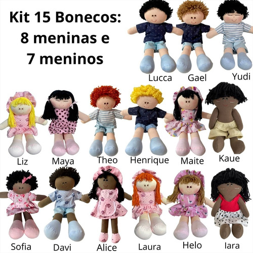 Kit Bonecas E Bonecos De Pano 30cm C/ 15 Unidades Sortidas