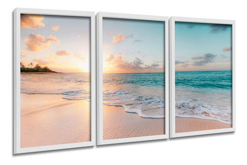 Quadros Decorativos Paisagem Praia Sol Céu Azul Mar P/ Sala Cor Conforme Imagem Cor Da Armação Branco