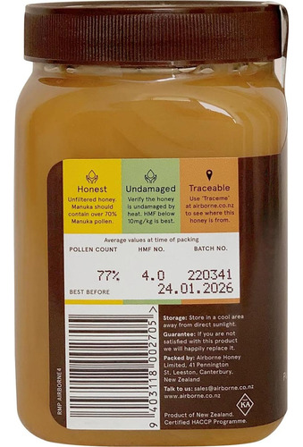 Miel Manuka 70+ Airborne 505 G Pura De Nueva Zelanda