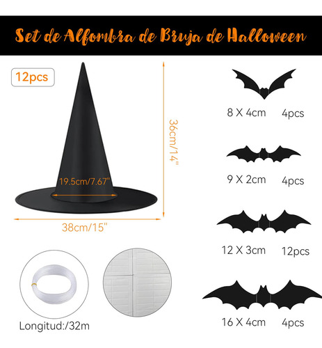 12 Pcs Halloween Bruja Sombreros Negro Colgante Disfraz Con