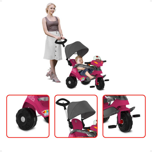 Velobaby Reclinavel Com Capota Triciclo Bandeirantes Rosa