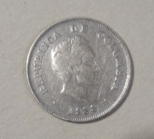 Moneda De Plata De 20 Centavos De Colombia, Año 1938