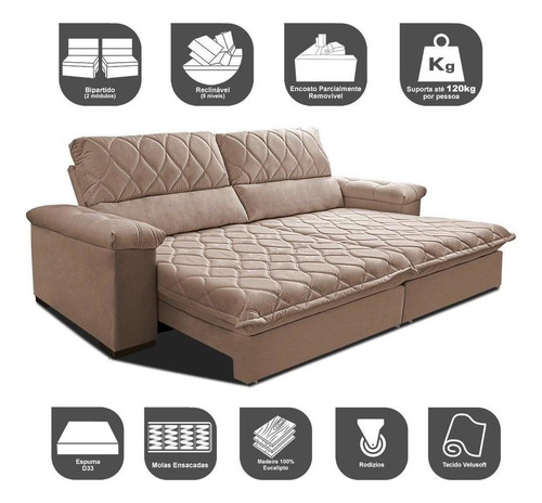 Sofá Retrátil Reclinável 2,35m Cama Inbox Big Home. Velusoft Cor Bege