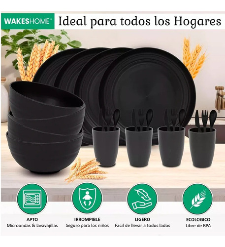 Juego De Vajilla Paja Trigo De 16 Pzas Para 4 Personas Negro