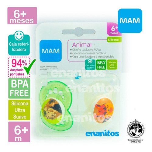 Imagen 1 de 5 de 2 Chupones Para Bebés Animal 6+ Con Caja Esterilizadora Mam