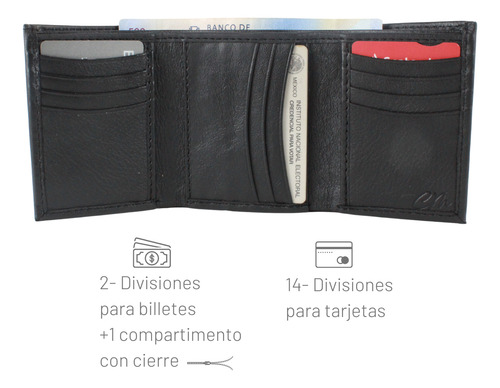 Cartera Hombre Piel Triple Cierre Interno Grabado Láser Negro