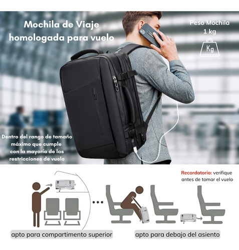 Mochila Carry On Impermeable Capucha Expansible 35 Lts Color Negro Diseño de la tela Liso