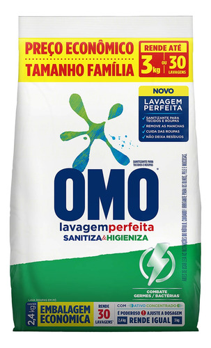 Lava-Roupas Pó Omo Lavagem Perfeita Sanitiza & Higieniza Pacote 2,4kg Tamanho Família