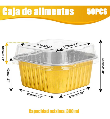 BANNA 50 Molde Aluminio Desechable 300ml Con Tapa, 10 Oz/300ML Moldes Para Tartas, Moldes Cuadrados De Foil Para Tartas De Bodas, Fiestas Y Cumpleaños, 11.2 * 11.2 * 4 cm , Dorado