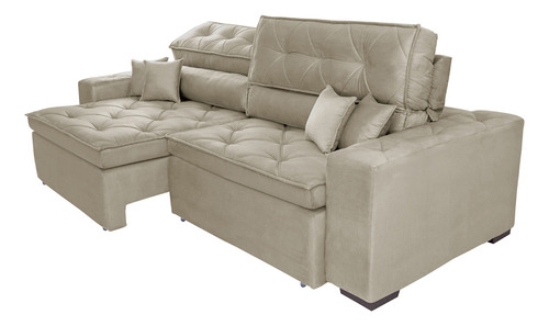 Sofá Austin 2,42m Retrátil, Reclinável com Molas no Assento e Almofadas, Suede Bege Cama inBox