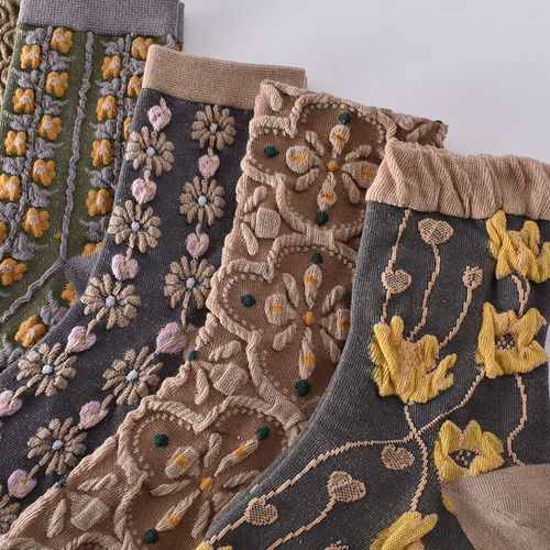5 Pares De Calcetines Con Textura Floral En 3d, Estilo Retro