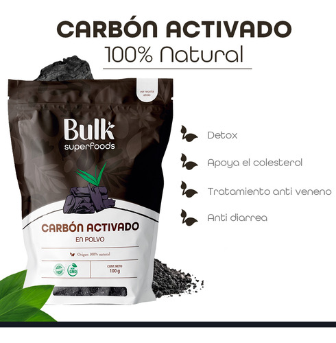 BULK SUPERFOODS - Carbón Activado En Polvo 100g - Sin Azúcar - 100% Puro Y Natural - Sin Aditivos y Sin GMO - De Origen Vegetal