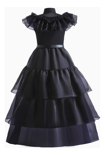 Vestido Festa Baile Wandinha Addams Halloween Cinto E Peruca