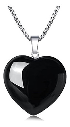 Collar Cadena Dije Corazón Obsidiana Piedra Natural Acero