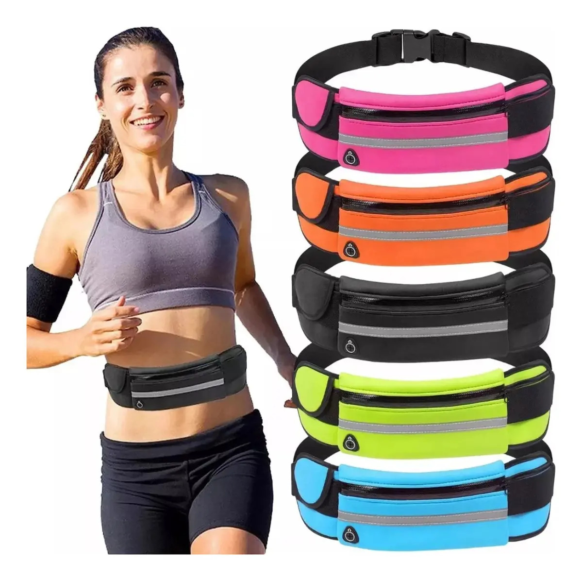 Cangurera Deportiva Negra Impermeable con Cinturón Elástico y Salida para Audífonos
