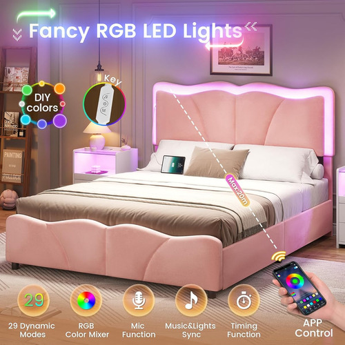 Base De Cama Msmask Matrimonial C/4 Cajones Y Luz Led Rosa